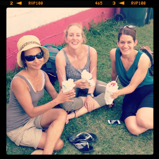 Julia Kumari Drapkin (left) tells road trippers Kirsten Howard and Allie Goldstein a thing or two about New Orleans snowballs (and storytelling).